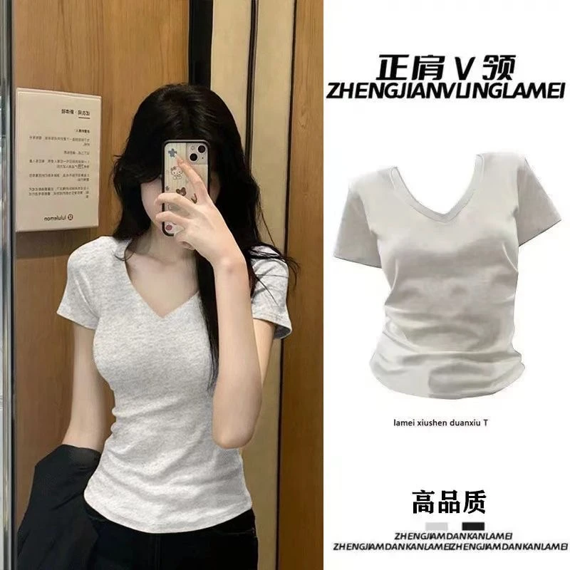 V领超轻高品质圆领夏季纯欲收腰短款T恤纯色正肩白色纯欲短袖辣妹