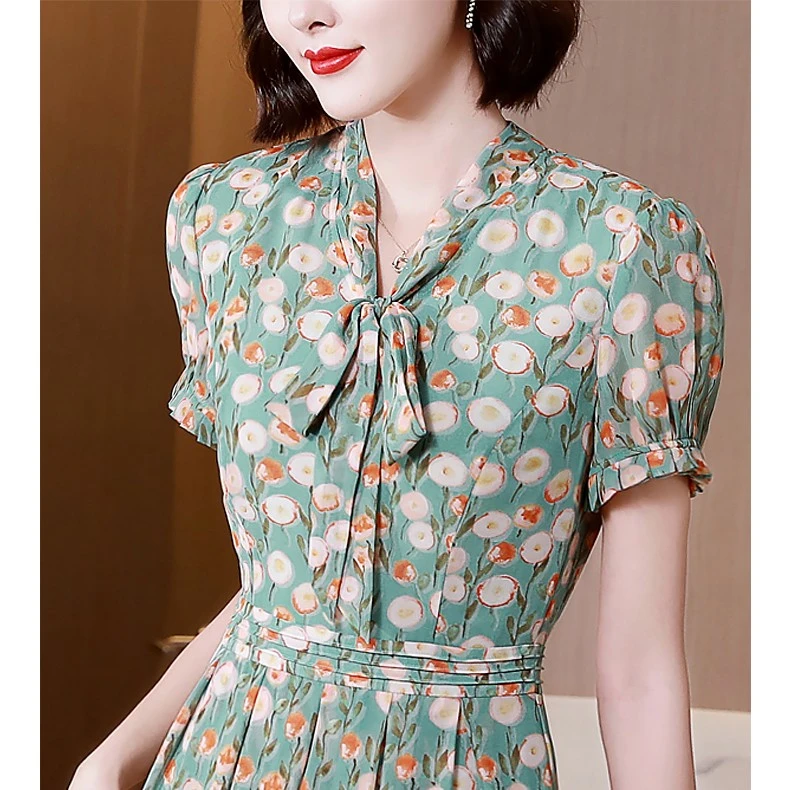 【断码清仓】70102碎花雪纺连衣裙新款中长款高档过膝