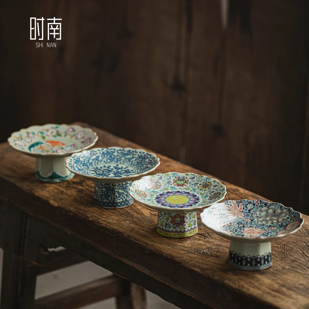 中式青花瓷高脚果盘精致水果盘客厅家用干果零食盘高足茶点点心盘
