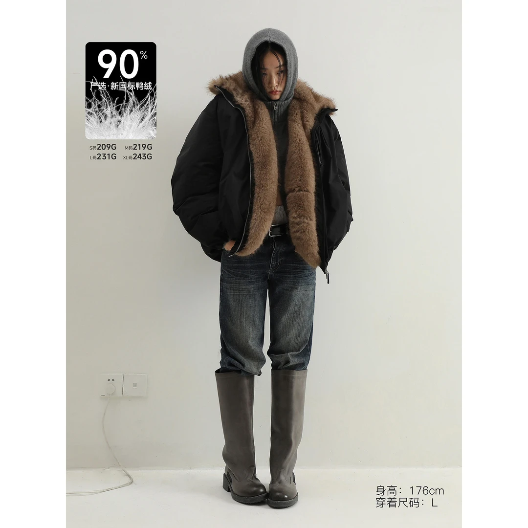 MASONPRINCE*品质之选 撞色大毛领新国标90白鸭绒立领花苞羽绒服