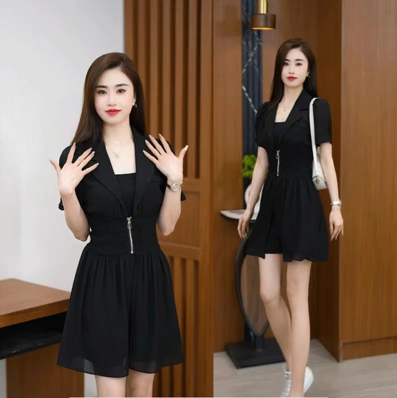【梦美婷】三件套时尚气质短袖黑色套装洋气法式新款韩版显瘦减龄