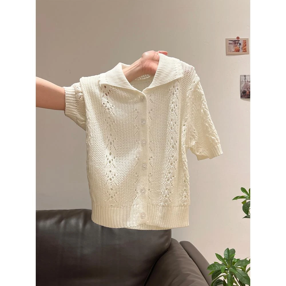 韩系白色翻领镂空短袖针织衫女2025年夏季新款百搭正肩显瘦短上衣