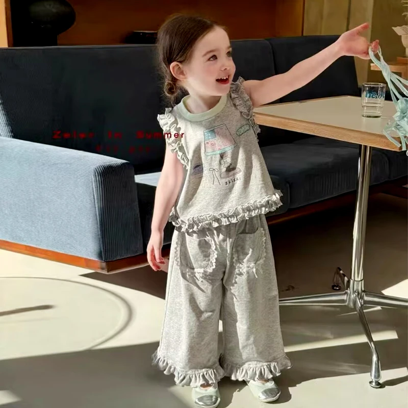 女童韩版洋气套装2025新款女宝卡通花边印花背心阔腿九分裤两件套