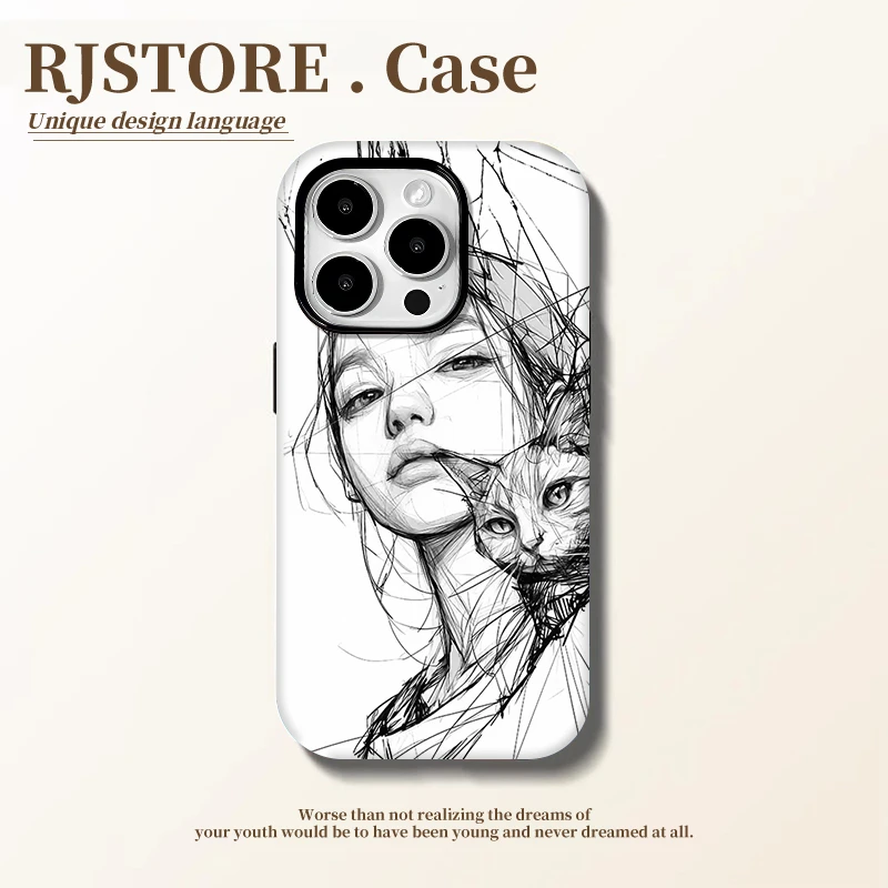 奥菲顿素描女孩小猫适用iPhone16菲林15手机壳华为vivo小米14oppo