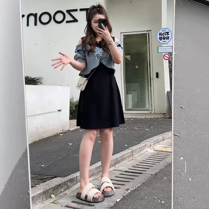 大码设计感露肩短袖牛仔假两件连衣裙女夏季胖mm显瘦垂感黑色裙子