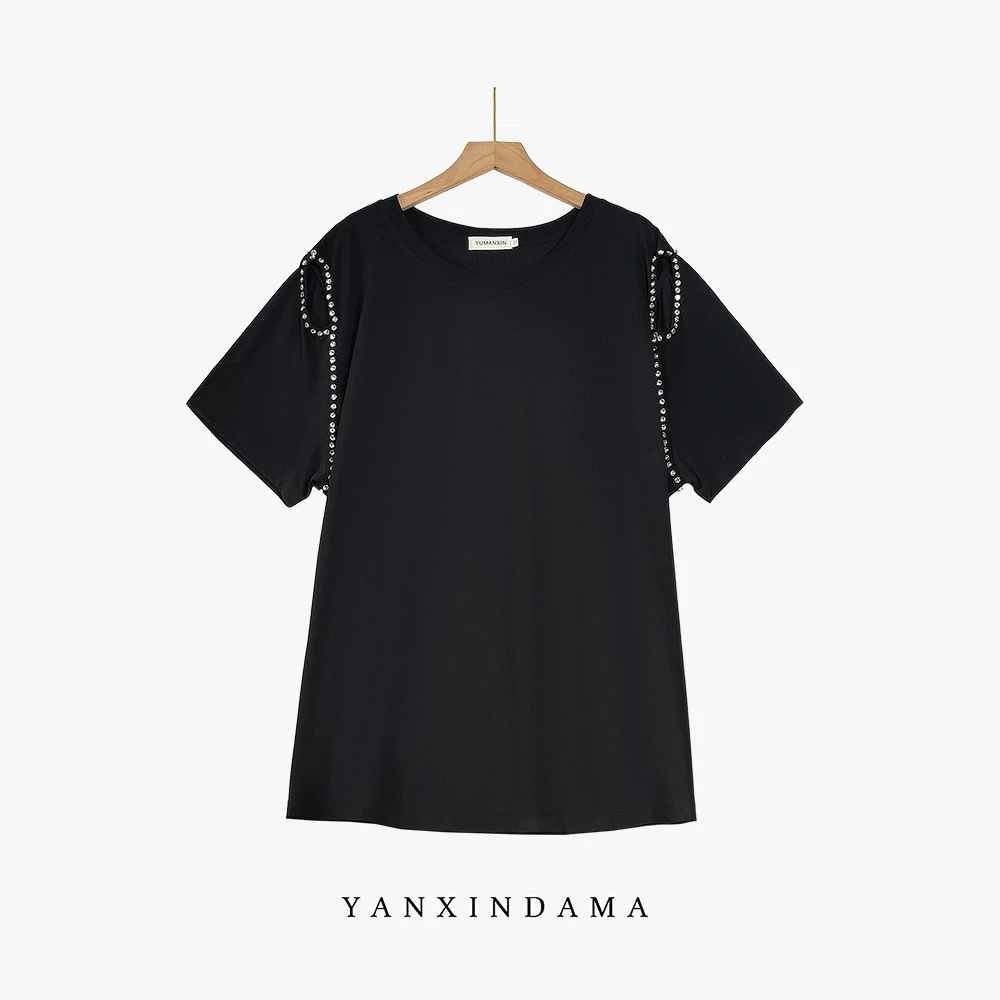 【岩心】大码女装300斤胖MM时尚设计感显瘦宽松中长款烫钻T恤9100