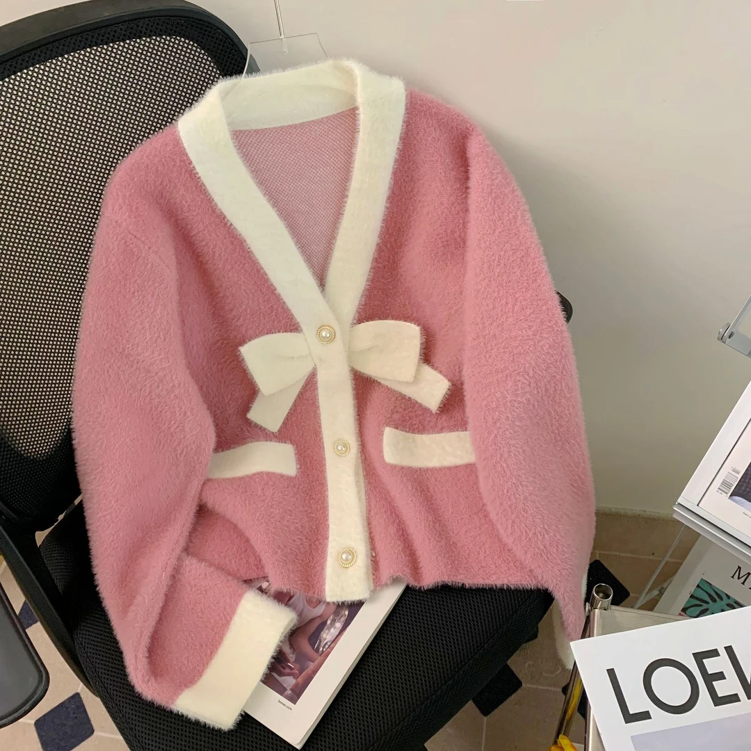 秋冬秋季学院上衣毛衣蝴蝶结宽松毛针织衫薄款厚款针织衫V领