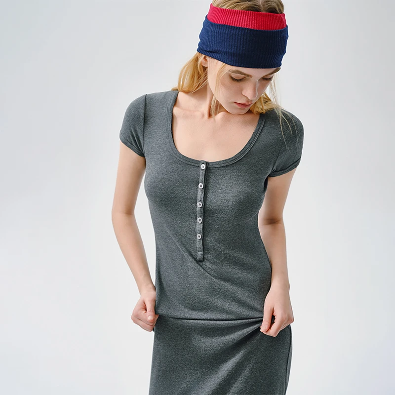 Ahhh 大圆领多扣短袖连衣裙女新款休闲修身收腰显瘦弹力包臀长裙