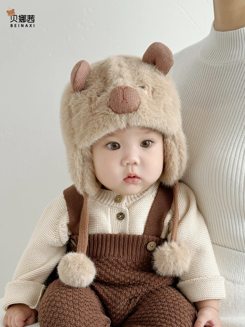 婴儿帽子秋冬季宝宝男卡通护耳帽保暖加厚毛绒帽冬天外出帽婴幼儿