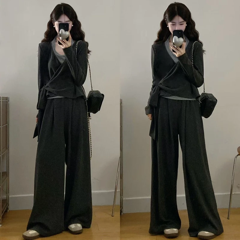 大码胖mm女装新款简约休闲百搭绑带假两件上衣+阔腿裤两件套装女