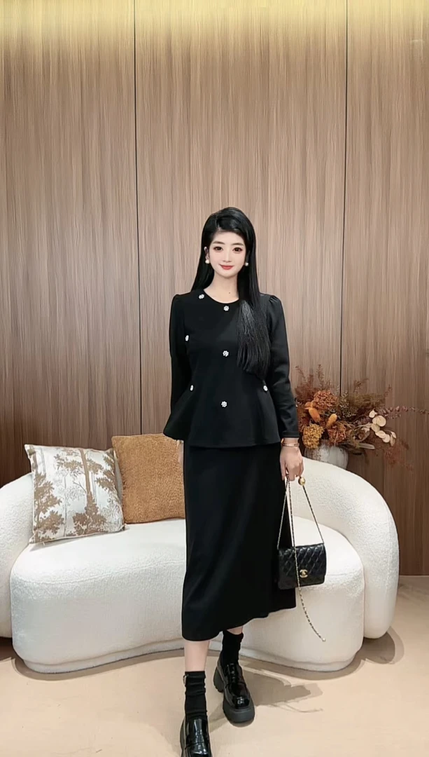 【小玉】极简风时尚套装早秋百搭黑色打底轻奢显瘦针织长袖