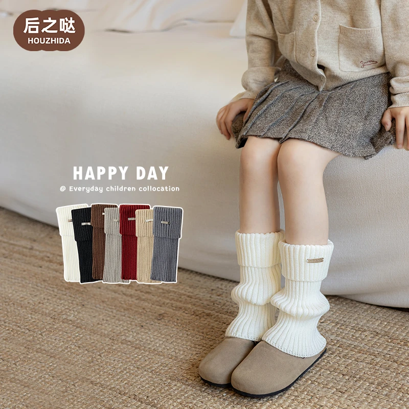 女童袜套春秋季儿童韩版纯色复古翻边堆堆袜秋天女孩金属标中筒袜