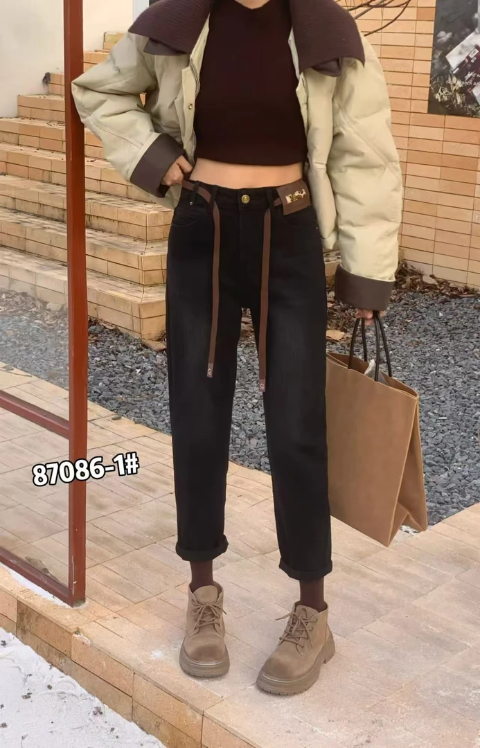 冬季新款百搭抓毛小跨牛仔裤87086