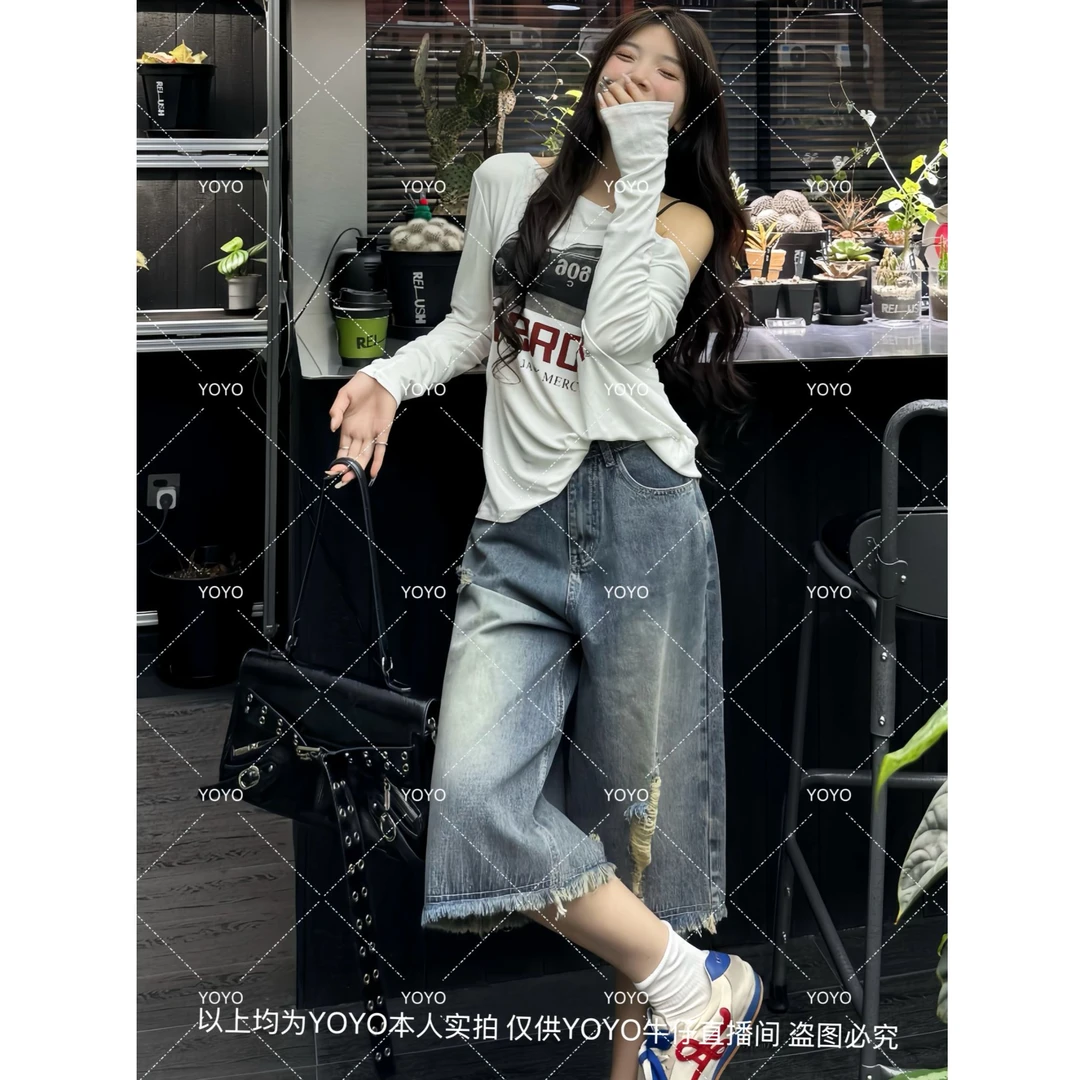 YOYO自制【后破洞七分】夏季显瘦复古直筒设计感水洗牛仔七分裤