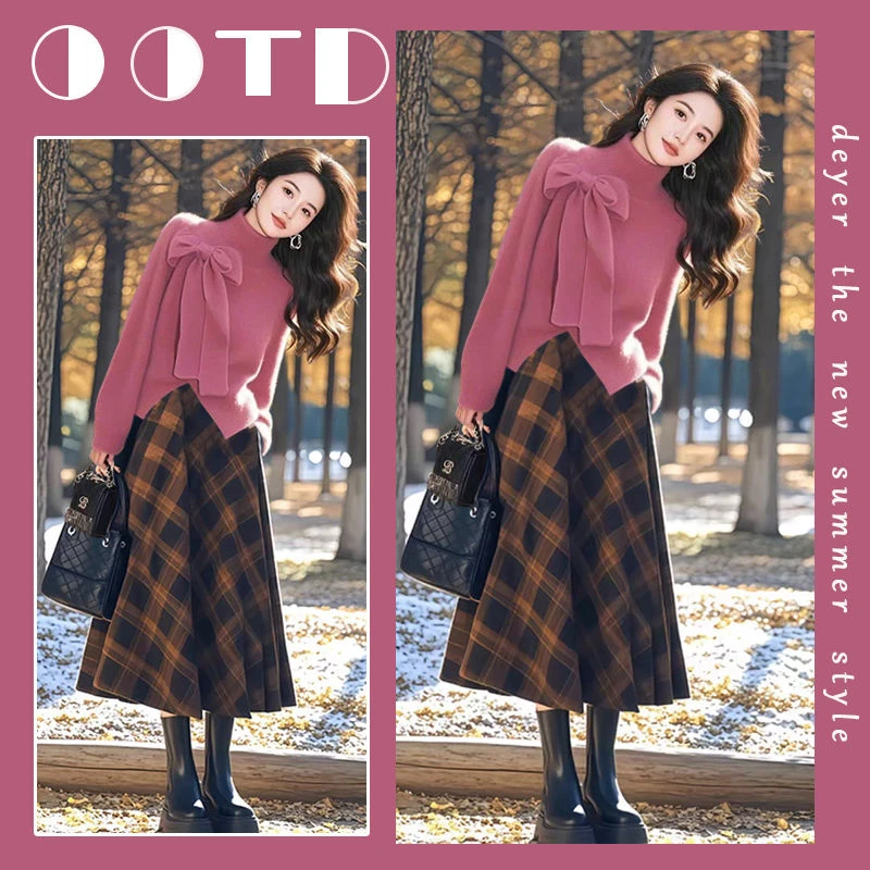 秋季穿搭一整套女2025新款韩版气质蝴蝶结毛衣复古半身裙两件套潮