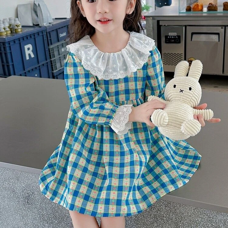 女童连衣裙春秋2025新款儿童洋气纯棉格子春季女宝宝长袖春装裙子