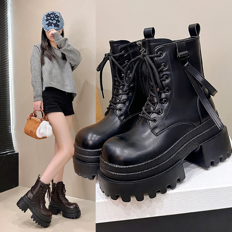 厚底增高侧拉链马丁靴女2025秋冬款女英伦风短筒靴子轻便系带女鞋