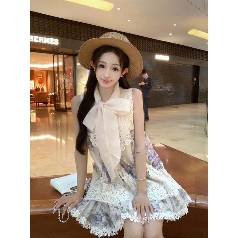 法式温柔风铃兰印花背心连衣裙女夏系带蝴蝶结睫毛蕾丝显瘦A字裙