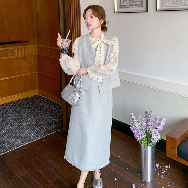 2025年春装蕾丝上衣马甲裙子三件套休闲长裙显瘦气质韩版时尚套装