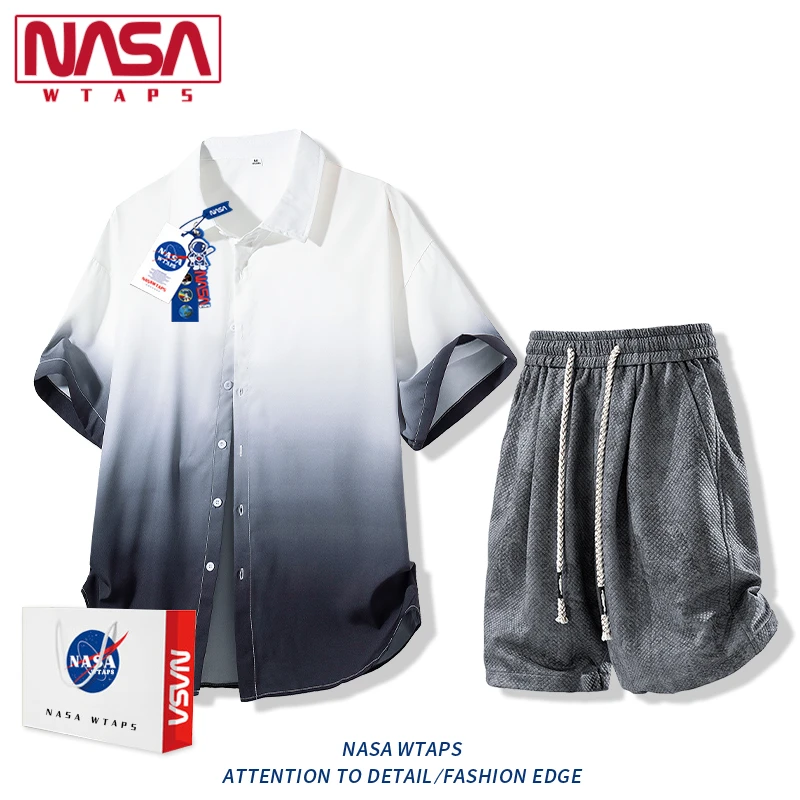 NASA WTAPS渐变短袖衬衫套装男夏季薄款休闲运动短袖短裤情侣套装