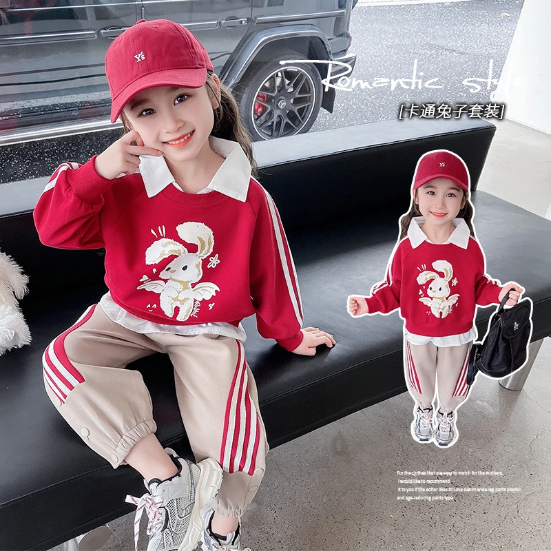 2025女童卫衣新款儿童衫领红色兔子上衣新款学生洋气秋冬款衣服潮