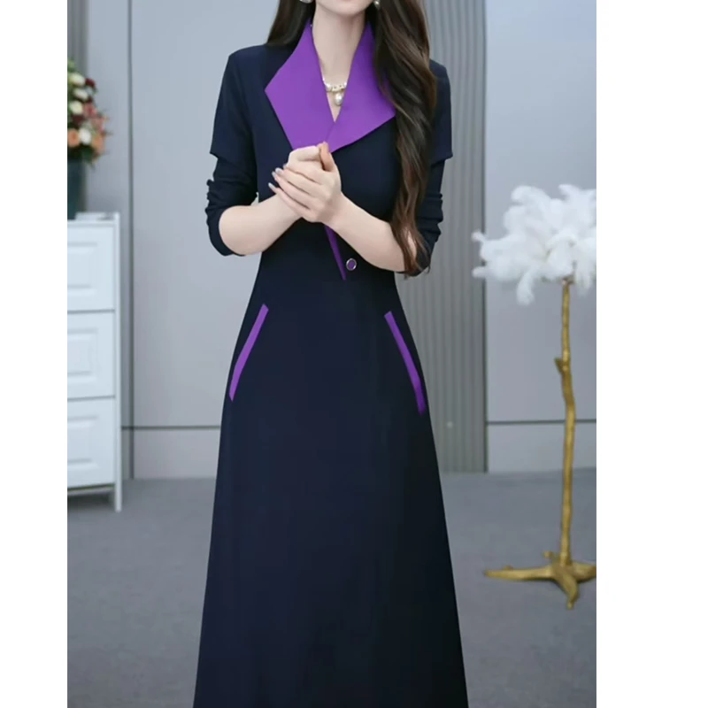 轻奢设计感连衣裙2024秋季新款时尚撞色收腰显瘦气质大摆长裙9157