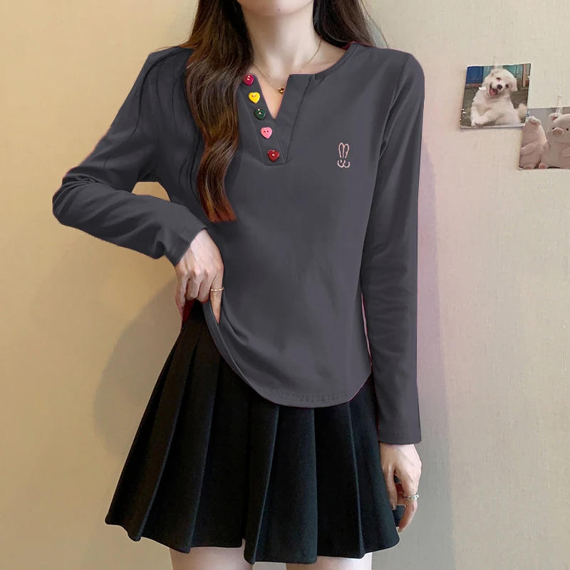 半开领长袖T恤打底衫女秋季大码胖mm宽松显瘦遮肚子正肩刺绣上衣