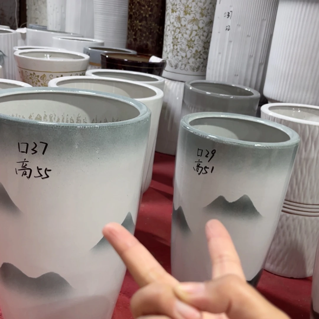 莫*女两个盆高山水陶瓷花盆微瑕