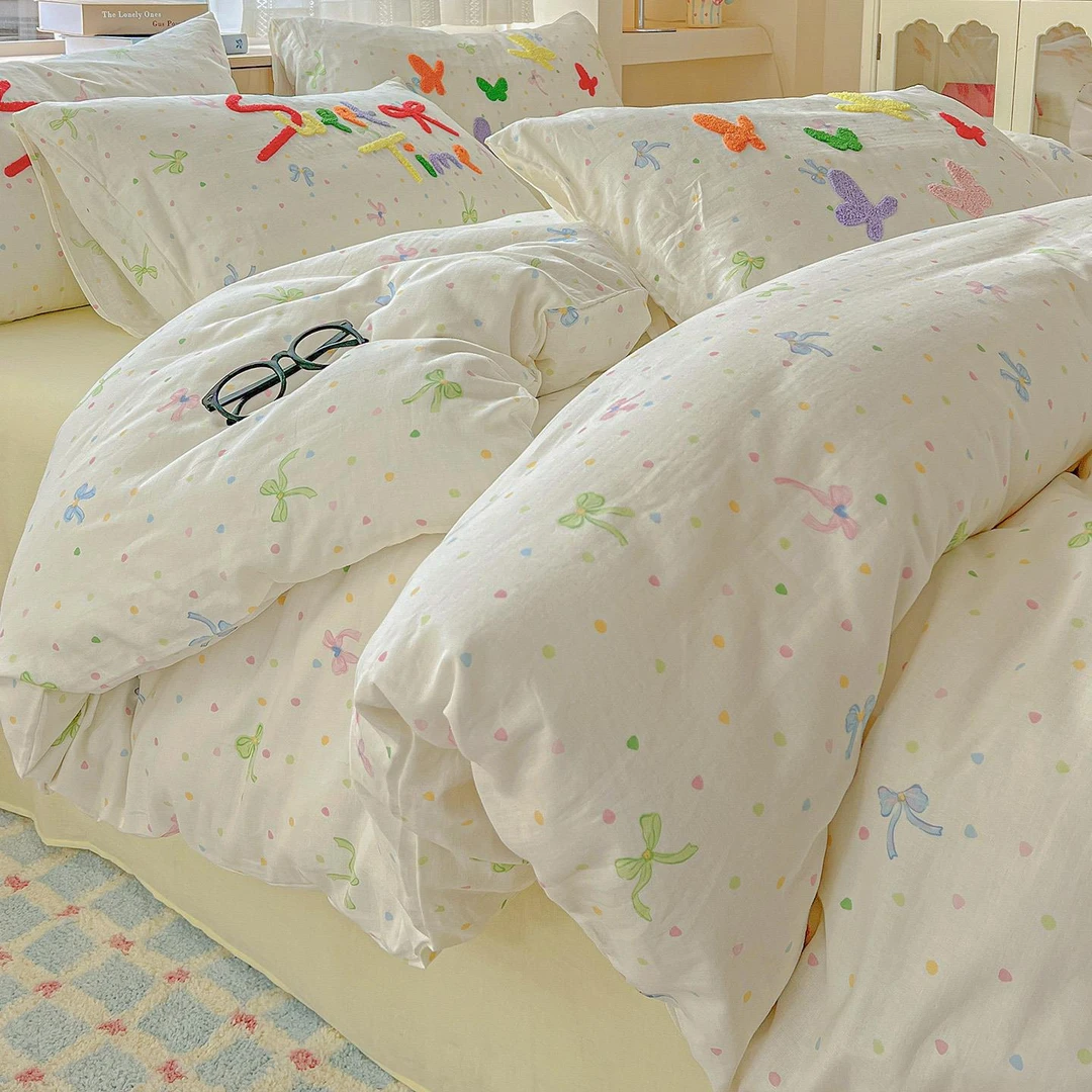 纯棉双层纱床上四件套全棉床品2025新款毛巾绣被套床单学生三件套