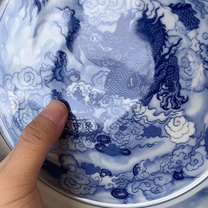 摆件景德镇青花腾龙献宝大壶承