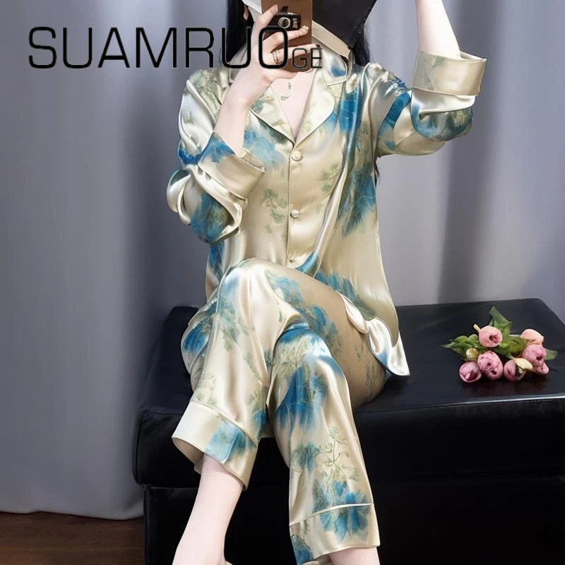 SUAM RUO新中式国风睡衣女春秋夏季冰丝长袖家居服套装外穿高级感