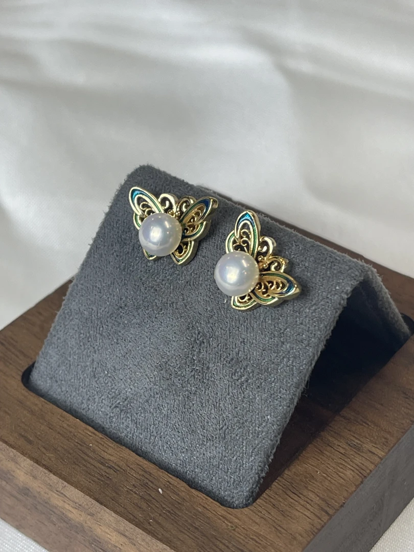 【YzzM珍珠】“珐琅工艺”蓝蝴蝶珍珠耳钉S925银针高级感宫廷风气质