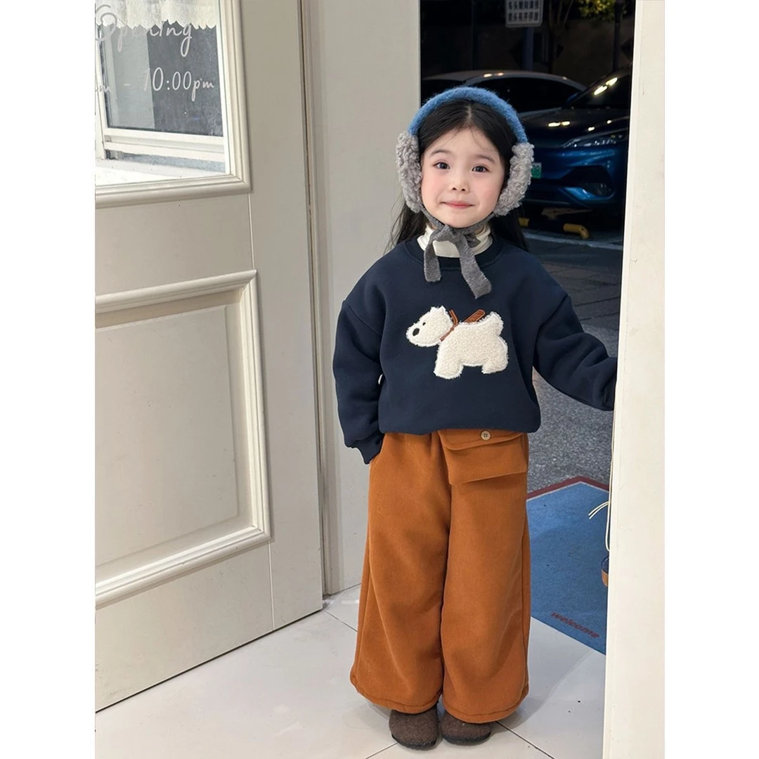 儿童冬季加厚卫衣套装女童加绒套头衫新款百搭休闲裤男宝直筒裤