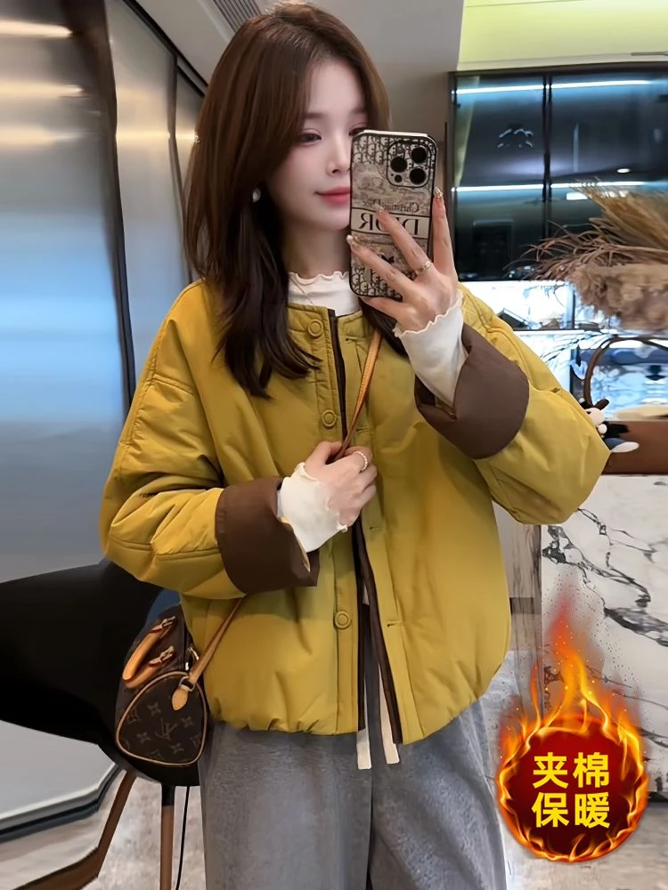 加厚立领圆领拼接短款棉服女新款大码时髦洋气新中式秋冬棉衣外套