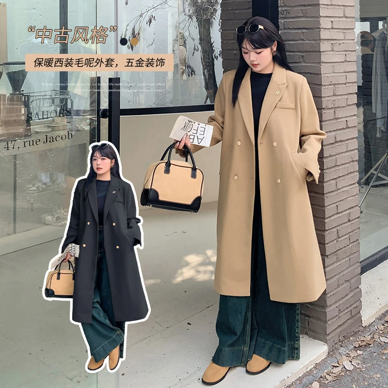 胖mm显瘦正肩中长款外套秋冬新款韩版气质简约毛呢大衣