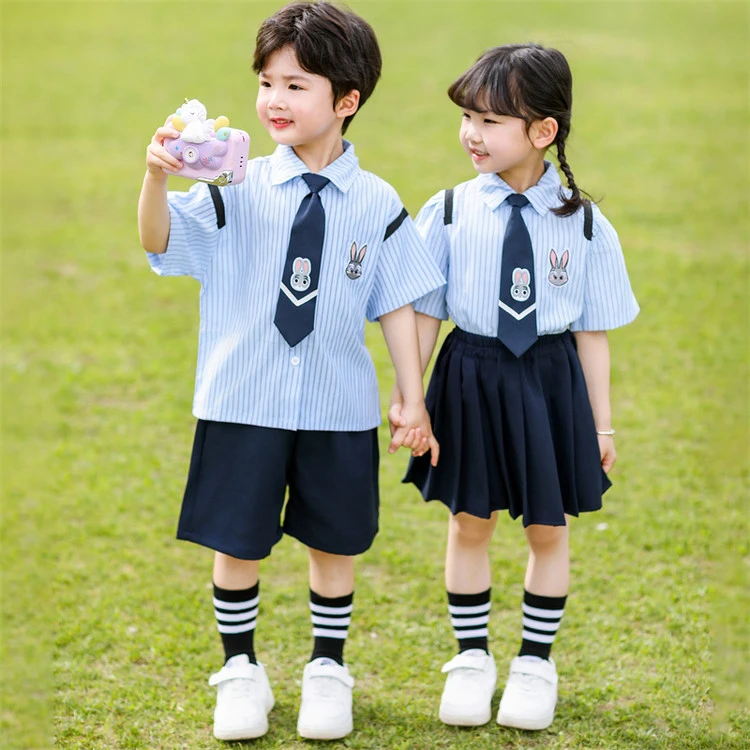 班纳格2025夏季条纹通学院风女童连衣裙可爱小兔子制服短袖衬衣裙
