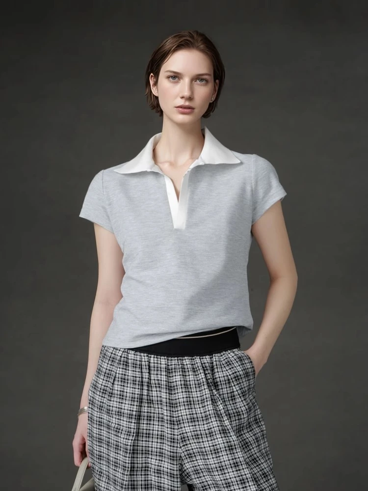 MEILI-气质POLO领T恤女翻领V领短袖简约修身短上衣春夏季PI25W114