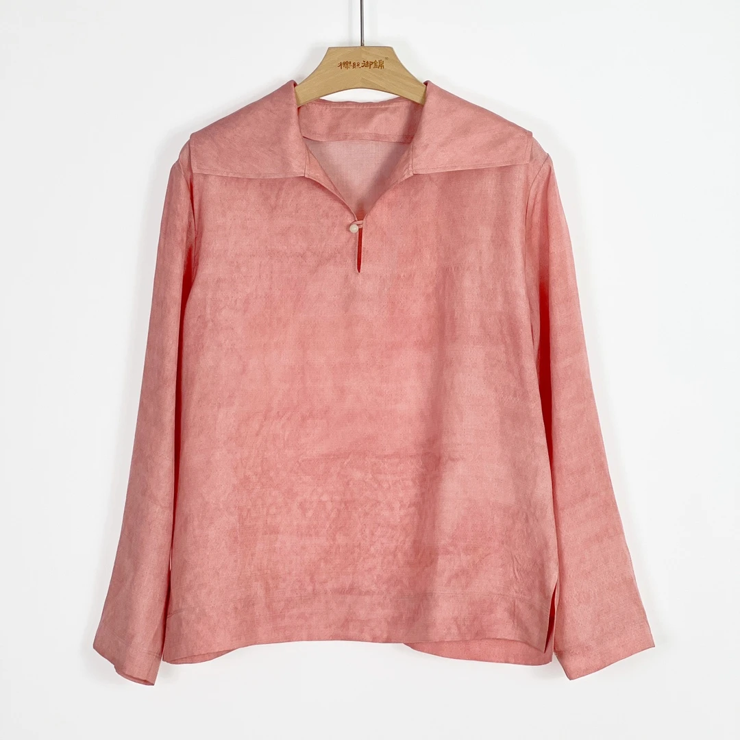 櫟丝御锦柞蚕丝女士上衣中式V领时尚休闲国风长袖衬衫 25040