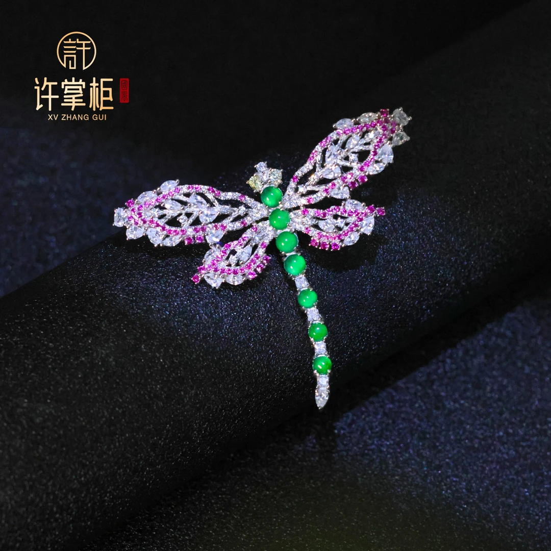 许掌柜｜S925银翡翠胸针吊坠两用款天然翡翠A货小蛋面蜻蜓配饰百搭
