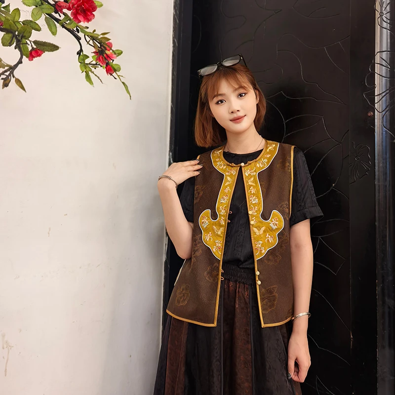 25姆米牡丹纹花罗香云纱圆领如意重工双面双穿刺绣马甲GH35187