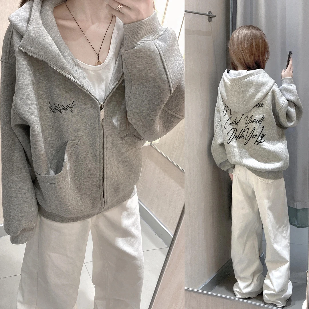 美式简约创意字母印花高领开衫连帽卫衣男女秋冬季情侣款拉链外套