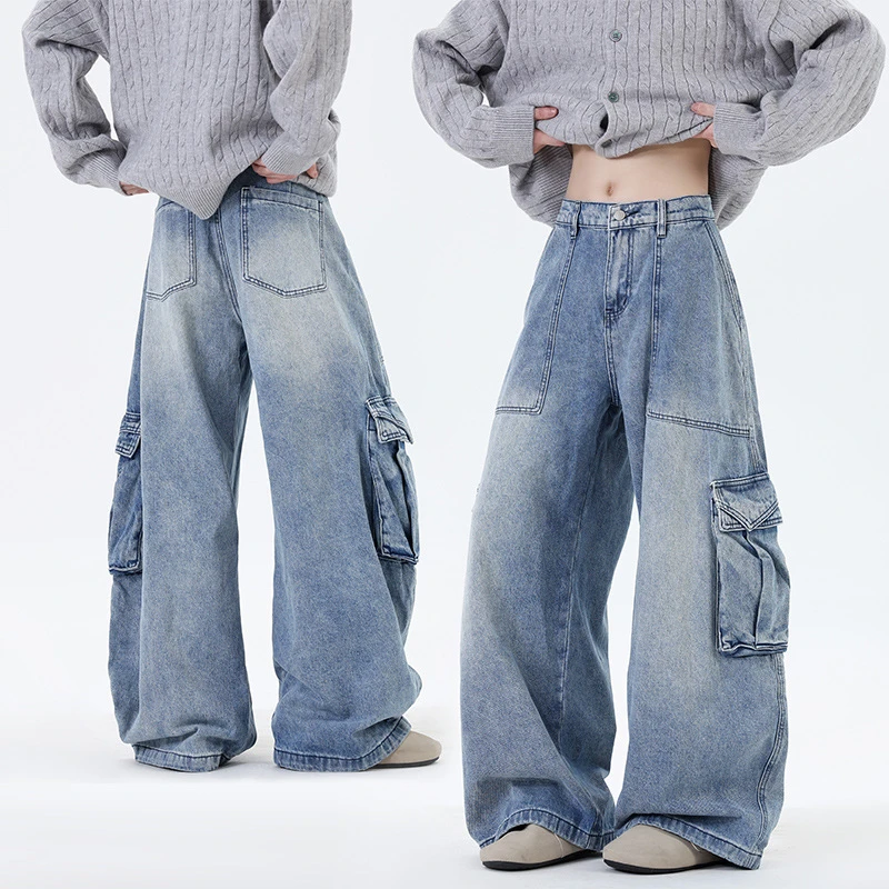 美式立体大口袋工装弯刀牛仔裤男春秋季高街潮牌baggy水洗阔腿裤