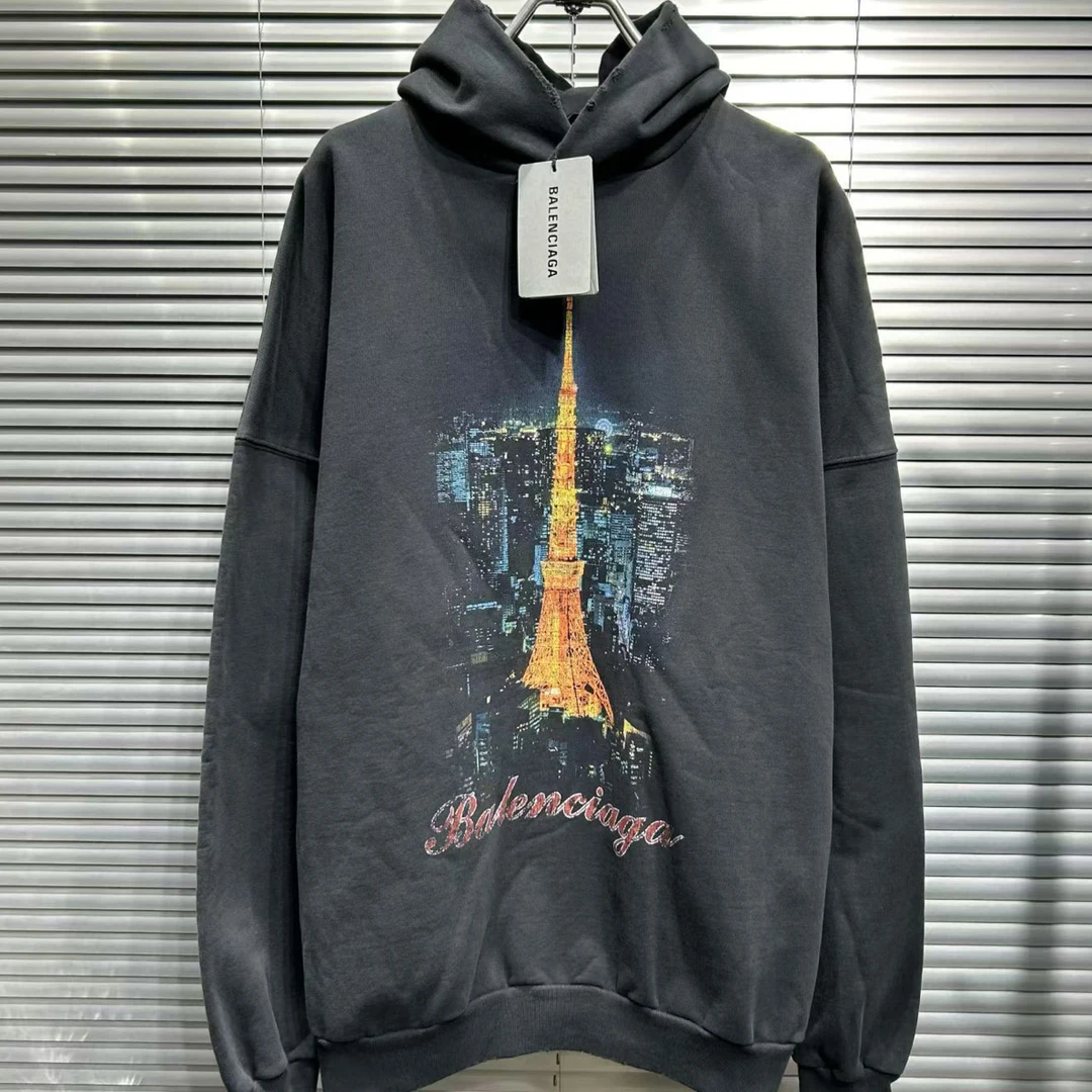 未使用 Balenciaga/巴黎世家 25ss胸前巴黎铁塔夜景字母帽衫 1号