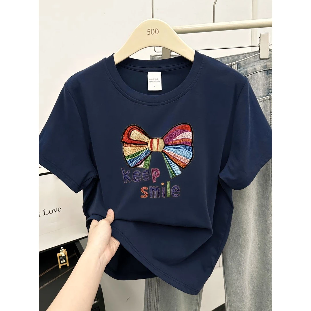 2025夏季新款短袖t恤女时尚减龄蝴蝶结印花正肩显瘦小衫圆领上衣