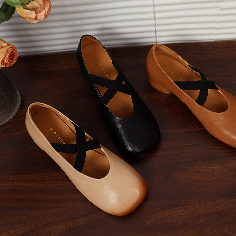 水洗马皮芭蕾舞鞋外穿复古法式圆头玛丽珍鞋粗中高跟鞋