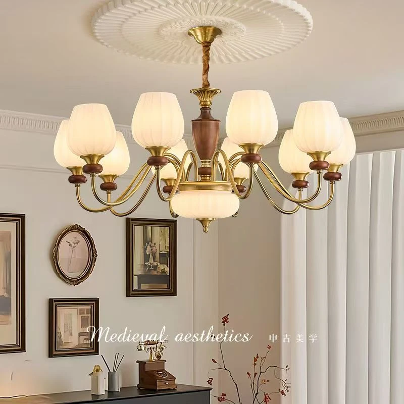 中古风实木吊灯餐厅法式复古客厅吊灯新款卧室高级感吊灯中山灯具