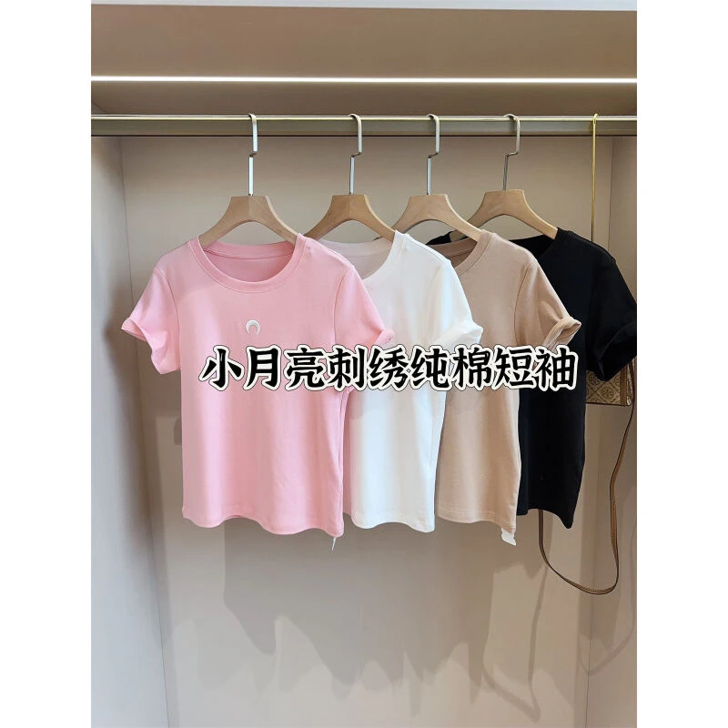 新疆长绒棉月亮刺绣丝滑百搭短袖T恤