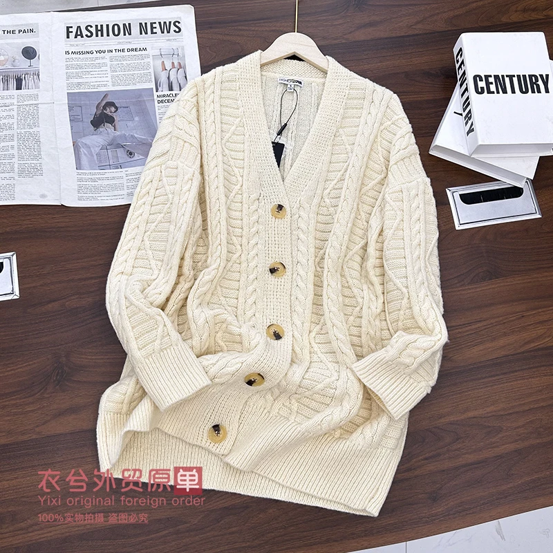 （复古V领毛衣开衫）秋冬高级感温柔软糯亲肤绞花针织开衫外套G