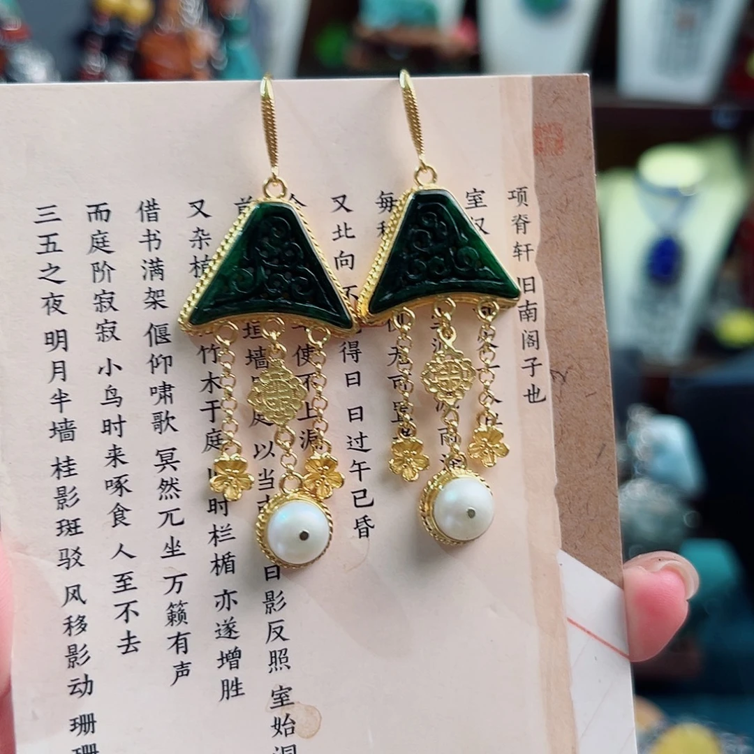 翡翠银S925镶嵌耳饰国风