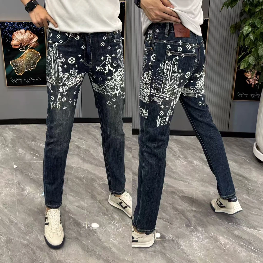 裤子男款时尚男士牛仔裤个性潮流印花直筒裤男弹力宽松遮肉长裤男
